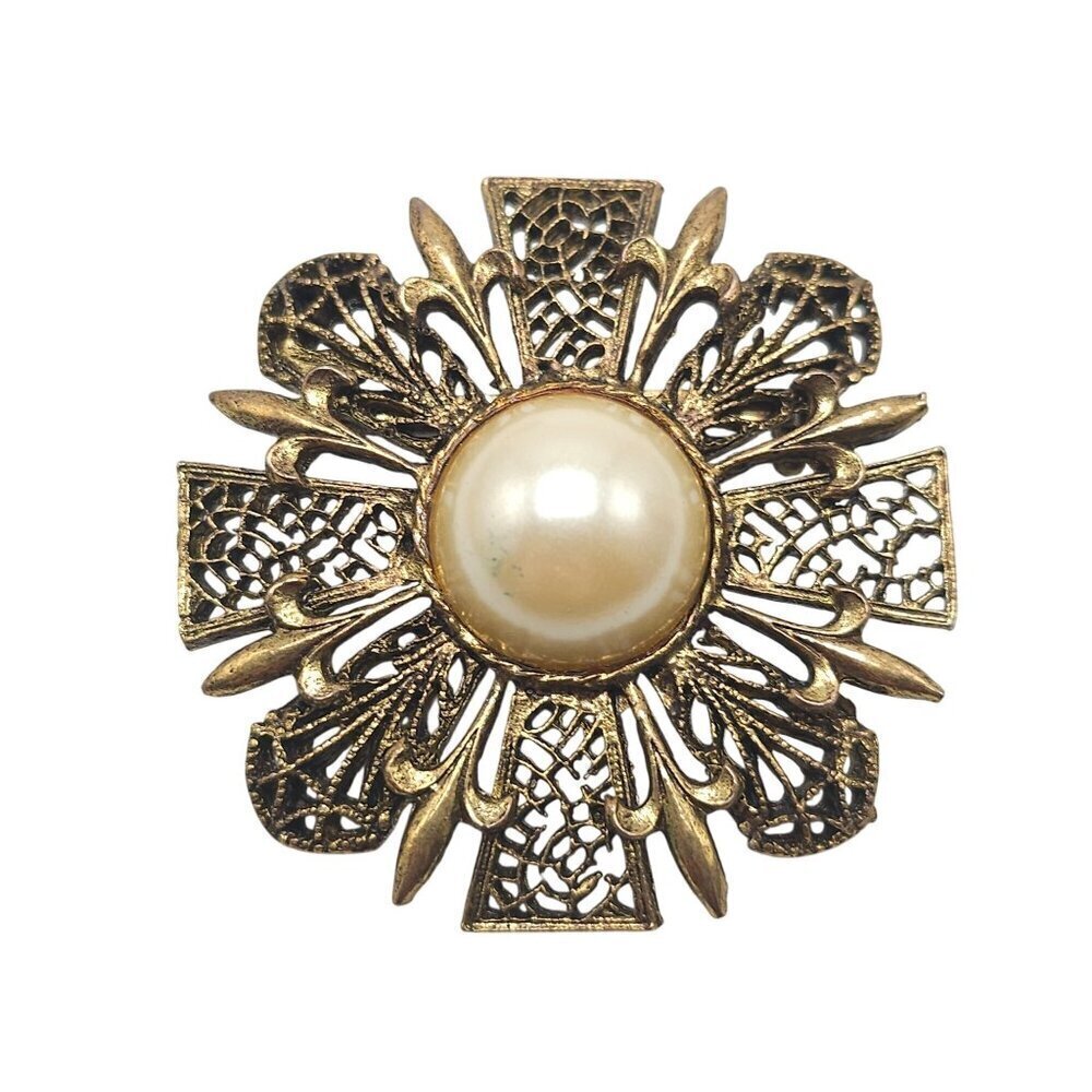 Vintage Gold Tone Fleur De Lis Brooch With Faux Pearl